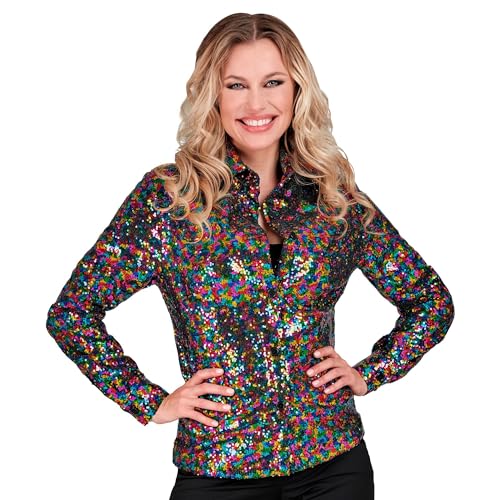 Widmann - Party Fashion Pailletten Bluse für Damen, Regebogen, Disco Fever, Schlagermove, Damenhemd