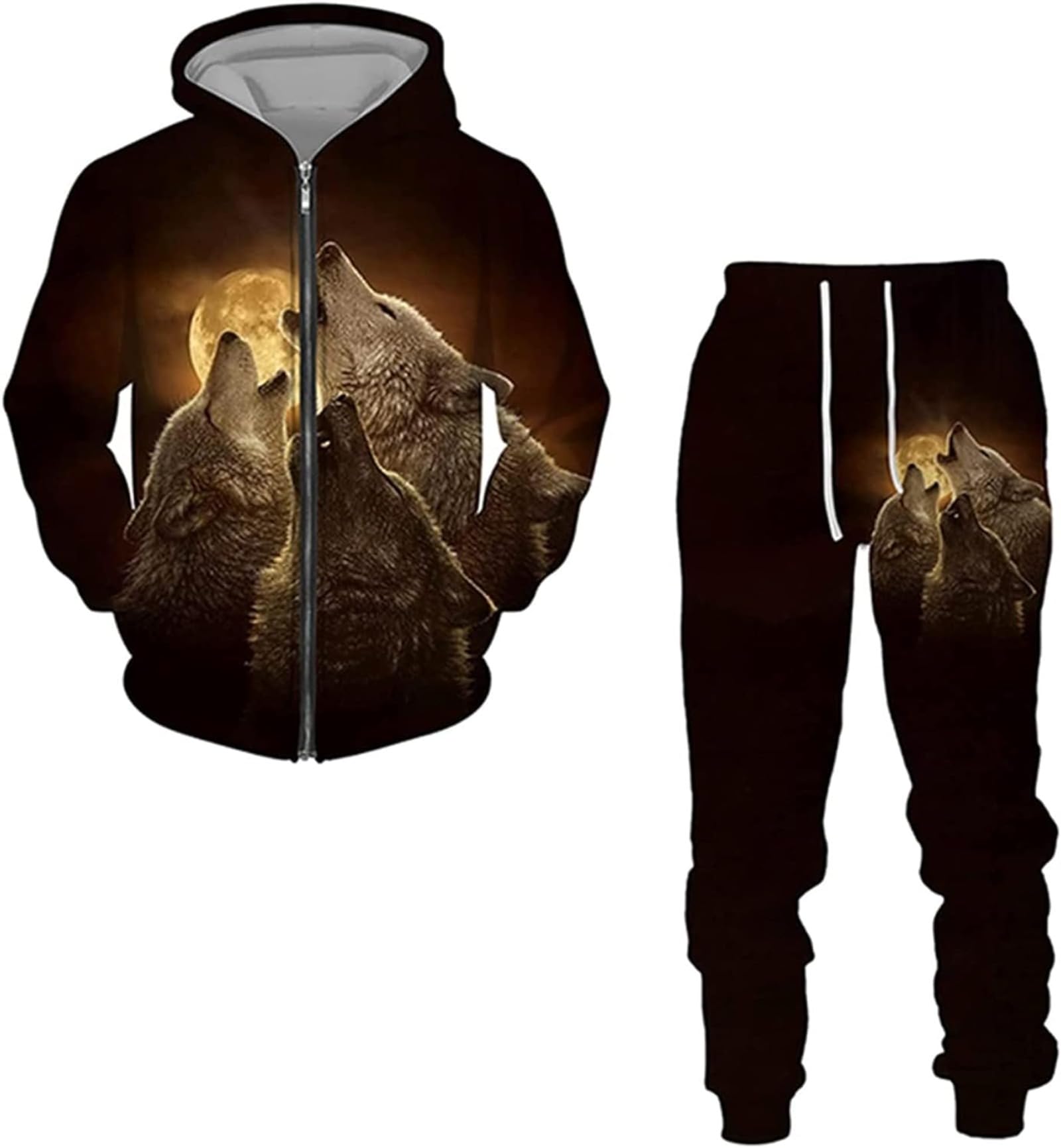 RIAAJ Wolf Herren Langarm Pullover Trainingsanzug 3D Hoodie und Sweatpants Set mit Zipper für Manner (A3,5XL)