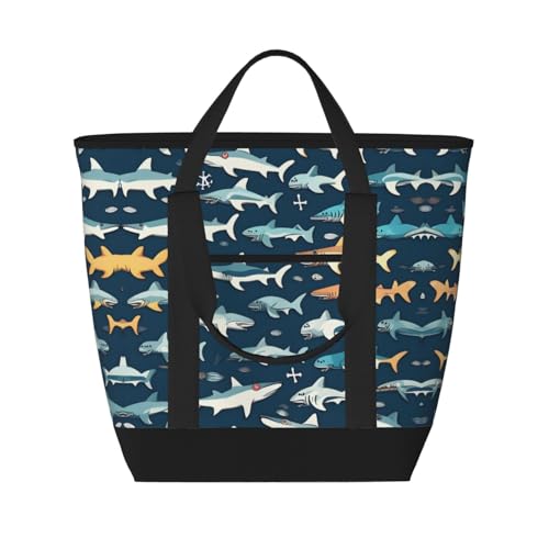 YQxwJL Isolierte Kühltasche mit Haifisch-Motiv, großes Fassungsvermögen, Einkaufstasche, Reisetasche, Strand, wiederverwendbare Einkaufstasche für Erwachsene, Schwarz, Einheitsgröße