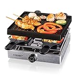 Cloer 6454 Raclettegrill mit Aluminium-Druckguss Platte, 750 W, 4 antihaftbeschichtete Raclettepfännchen, Kunststoffspachtel, unbeheizter Parkplatz, Aluminium