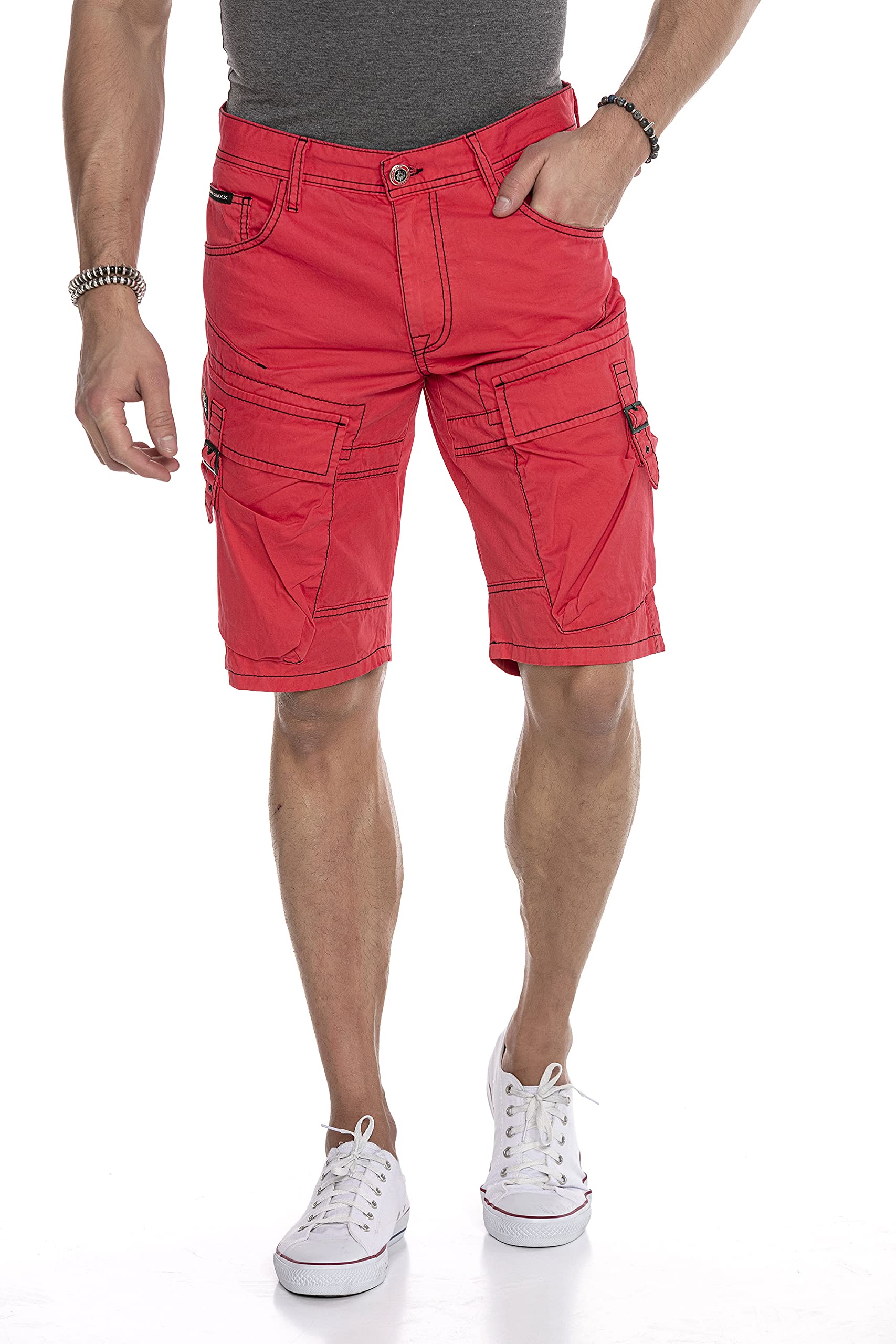 Cipo & Baxx Herren Shorts Capri Kurze Hose Denim Jeans Cargo Kontrastnähte CK229 Rot 38