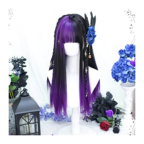 Perücken Lange lila schwarze gerade Perücke seidige gerade synthetische hitzebeständige Ponyperücke Halloween-Kostüm Cosplay Haarperücken for Frauen Damenperücke