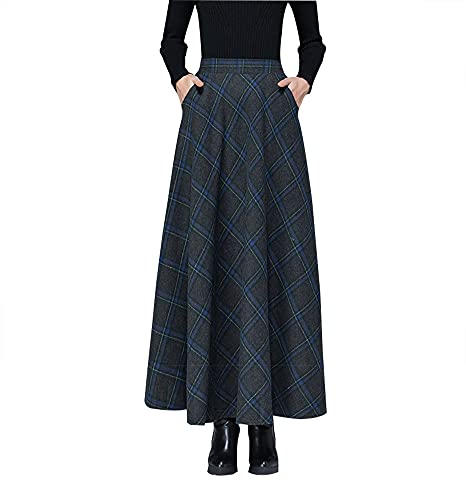 Damen Lang Rock Winter Warm Wollrock Vintage Elegante Gitter Rock Casual Winterrock Elastische Taille A-Linie Midi Rock Hohe Taille Rock Faltenrock Dunkelbraun 25-L