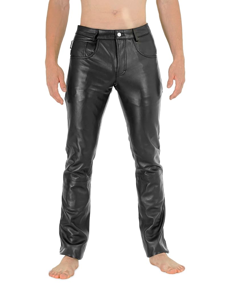 Bockle® New 411 Lamb Leather Pants Lederhose Herren Tube Röhre Skinny Slim Fit Herren, Size: 42W / 36L