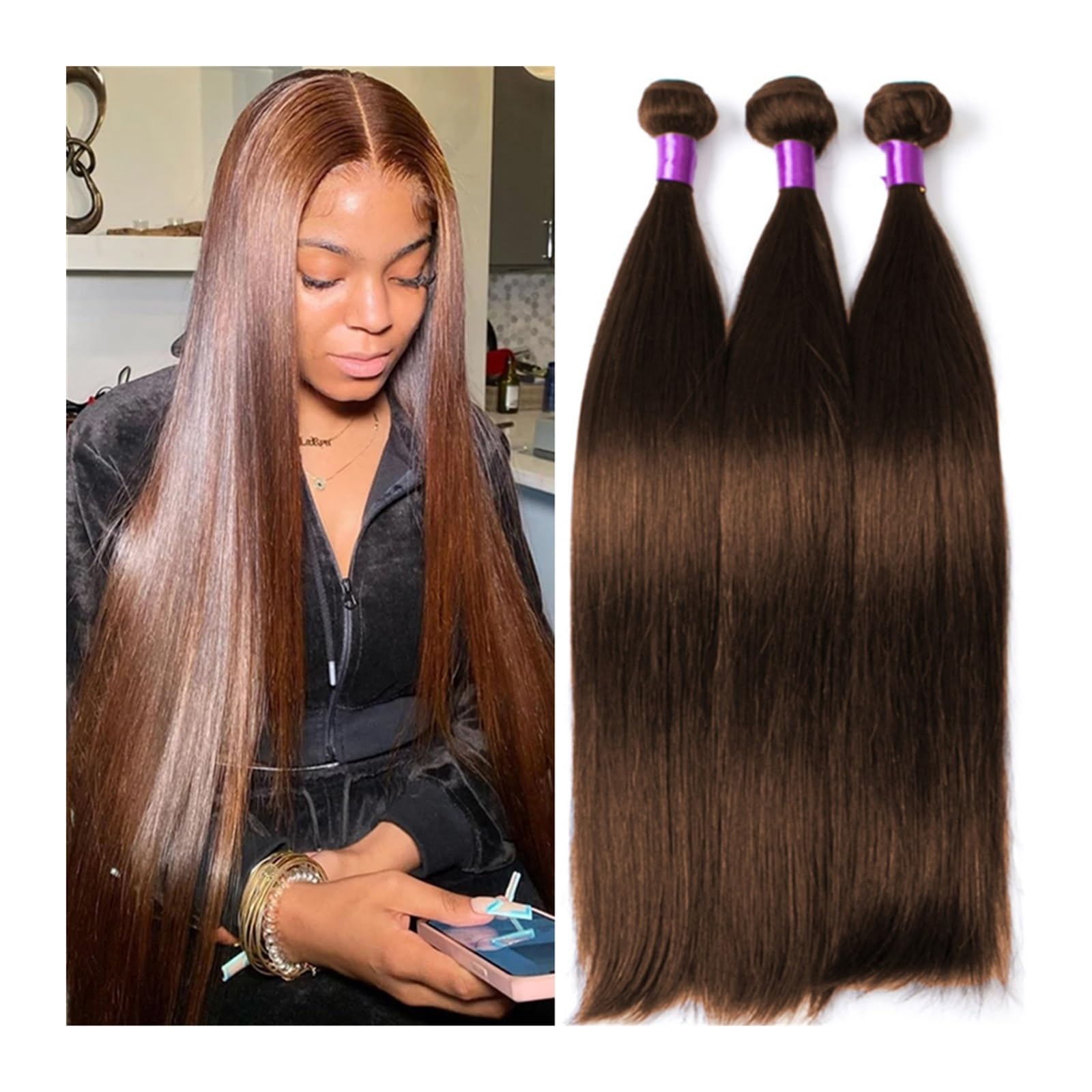 Human Hair Bundles Schokoladenbraune glatte Echthaar-Bündel, 25,4–81,3 cm, Remy, 100% reines Echthaar, 4, brasilianische Haarwebart, 1/3/4-Bündel human hair weave (Size : 30 30 30 30)