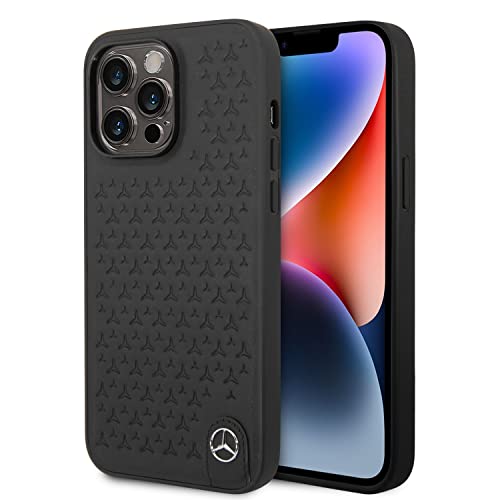 CG MOBILE Mercedes-Benz Schutzhülle für iPhone 14 Pro Max in Schwarz Stern Muster Echtleder Schutzhülle Langlebig & Anti-Kratzer Case mit Zugänglichen Anschlüssen, Stoßdämpfung & Signature Metall Logo