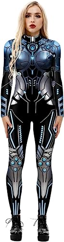 RIAAJ Halloween Kostüm Damen Roboter Overall 3D Print Langarm Roboter Catsuit Perfektes für Mottoparties,Halloween,Weihnachten,oder Karneval (A5,S)