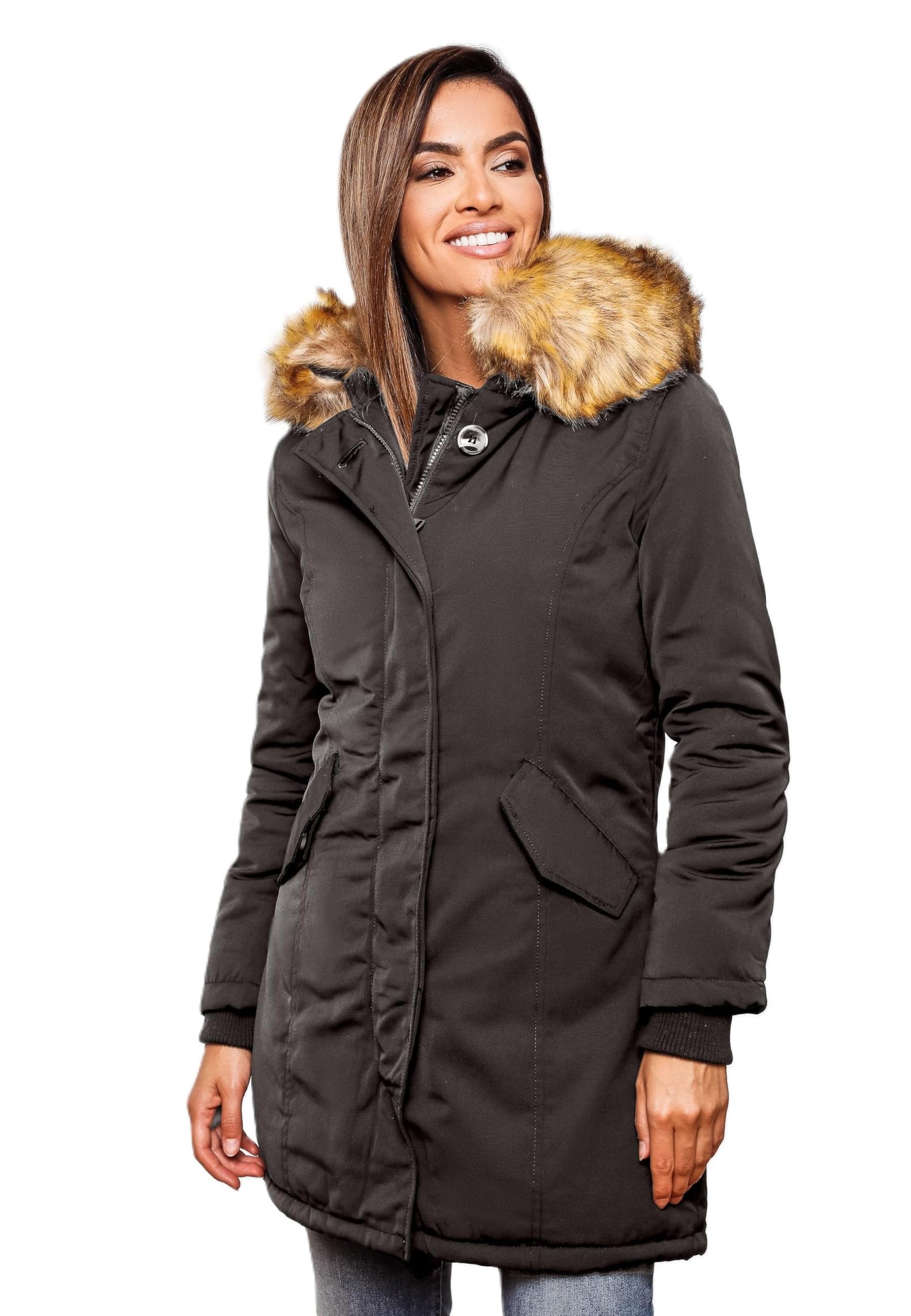 MARIKOO Damen Winter Jacke Parka Mantel Winterjacke warm gefüttert B362 [B362-Karmaa-Anthrazit-Gr.S]