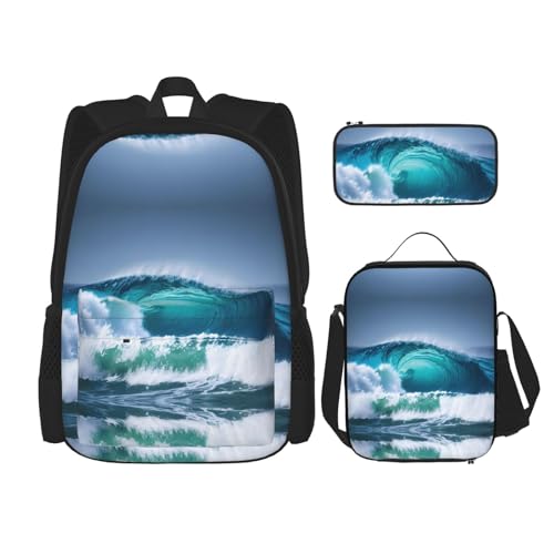 YQxwJL 3-in-1-Rucksack-Büchertaschen-Set, violetter Pfauenmuster, lässiger Reiserucksack, mit Federmäppchen, Lunchtasche, Ocean Wave, Einheitsgröße