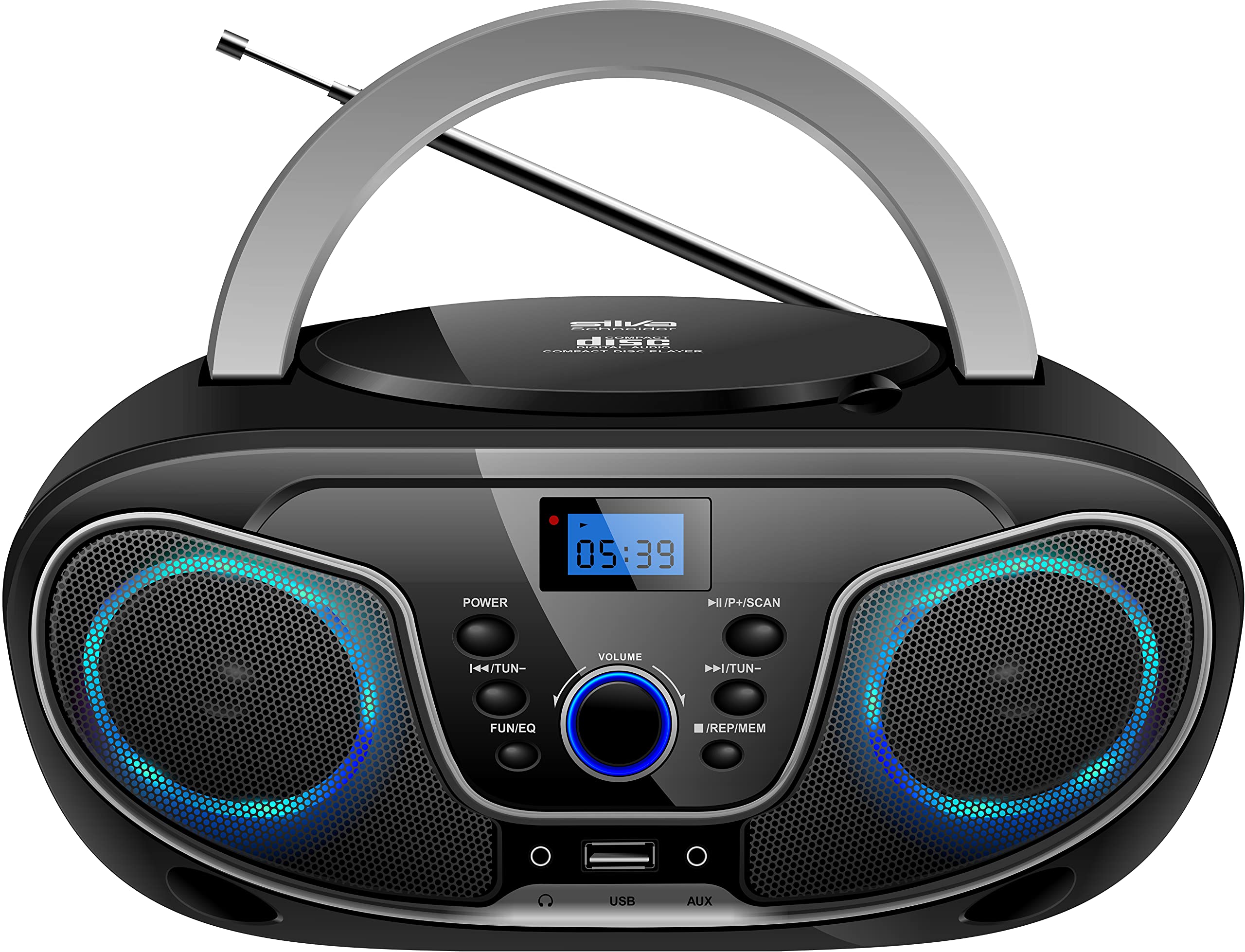 Silva-Schneider 1901850 MPC 19.4 UKW Radio mit CD-Player, AUX, USB, Schwarz/Silber