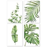 A&M Natural Living Botanische Drucke, 4 Stück botanische Kunstdrucke ungerahmt Aquarell grün botanische Poster Blattbilder Wandkunst, Heimdekoration Badezimmer Küche Wohnzimmer Blattdrucke (A3)