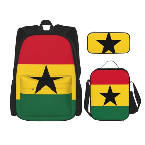 WURTON Rucksack mit Flaggen-Motiv von Ghana, 3-in-1, Büchertaschen-Set, Lunchbox, Federmäppchen, Reisen, Laptop, Tagesrucksack, Schwarz, Einheitsgröße, Schwarz , Einheitsgröße