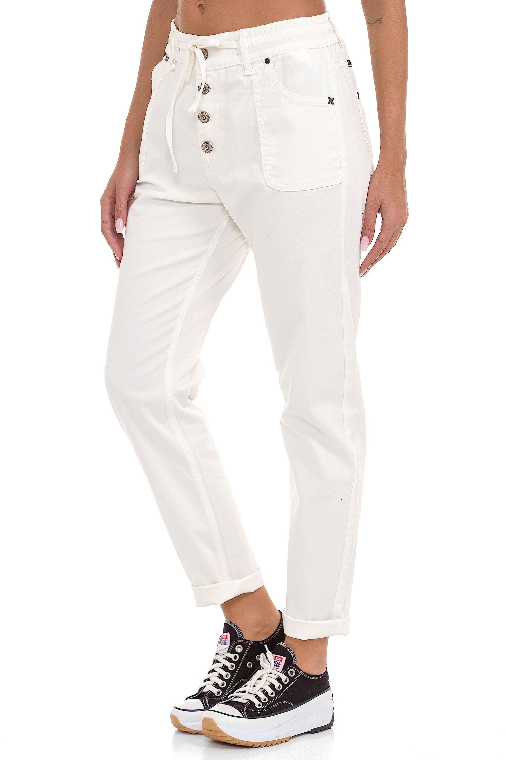 Cipo & Baxx Damen Chino-Hose, Lässige Passform Freizeit Hose, Knöpfen Versehen Design, 97% Baumwolle Hose für Frauen, Casual Klamotten für Teenager Mädchen, WD508, White, W30 L32