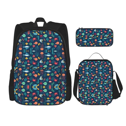 WURTON Schulrucksack mit Meeresfisch, Schildkröte, Quallen, 3-in-1, Büchertasche, Set mit Brotdose, Federmäppchen, Reise, Laptop, Tagesrucksack