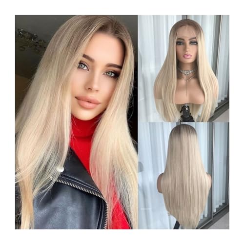 Perücken Vorgezupfte blonde farbige Highlight-Blondine, Platin-Perücke, gerade Spitze vorne, Kunsthaar, for Frauen, klebefreie Spitze-Front-Perücke Damenperücke(4TAshGolden)