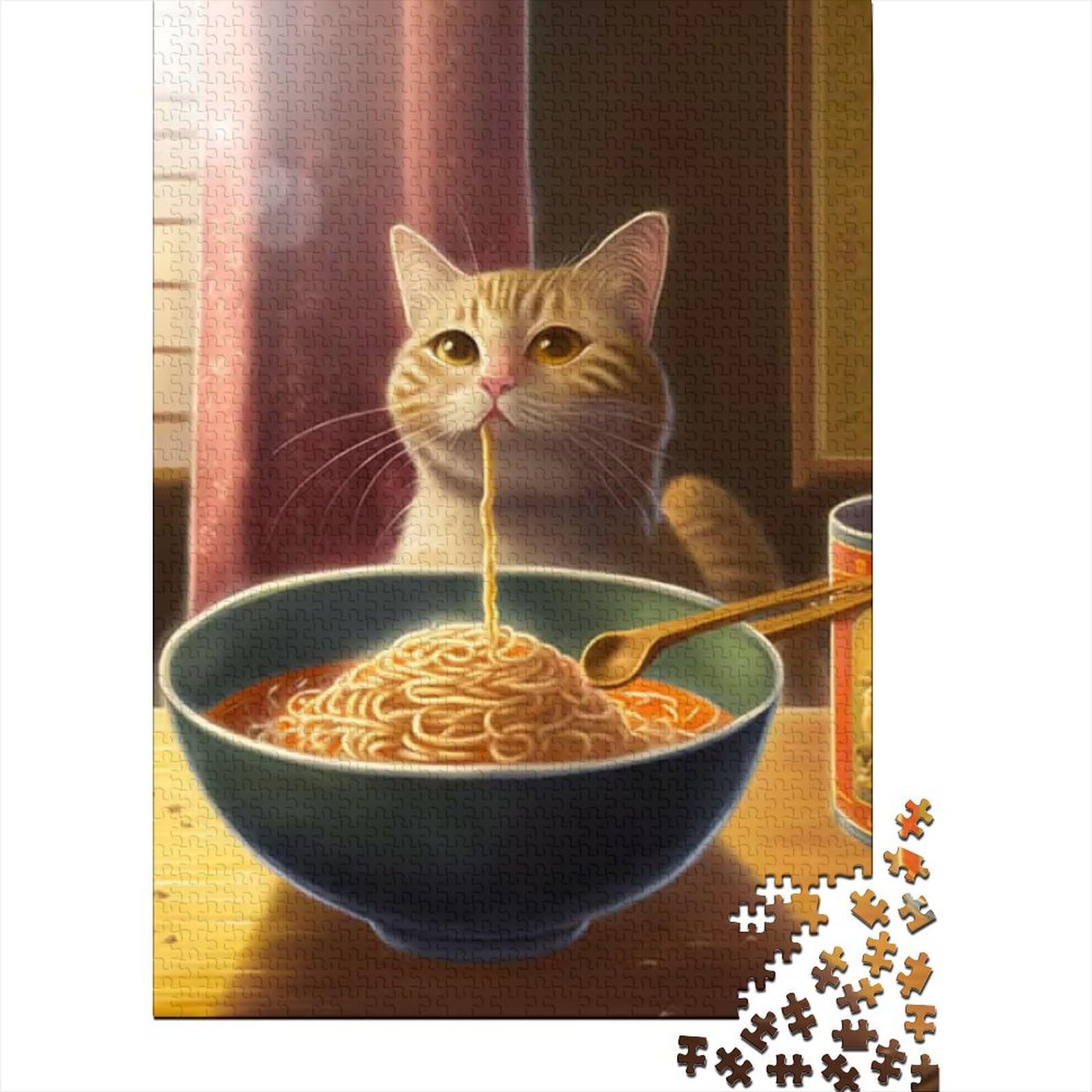 Puzzle für Erwachsene, 1000 lustige Puzzles mit einer Katze, die Ramen isst, aus recycelter Holzplatte, geeignet für Teenager ab 12 Jahren, pädagogisches Puzzle zum Stressabbau, Spielzeug-Puzzle