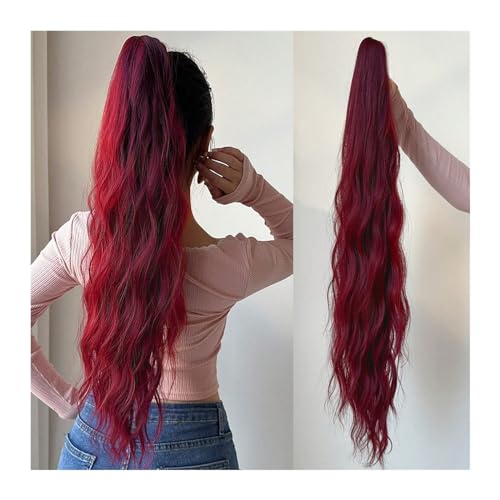 Pferdeschwanzverlängerung Extensions, weich, natürlich, mehrfarbig, 81,3 cm, Pferdeschwanz-Verlängerung, lockiges Haar, Wasserwelle, Clip-in-Haar Pferdeschwanz-Haarteile(Red)