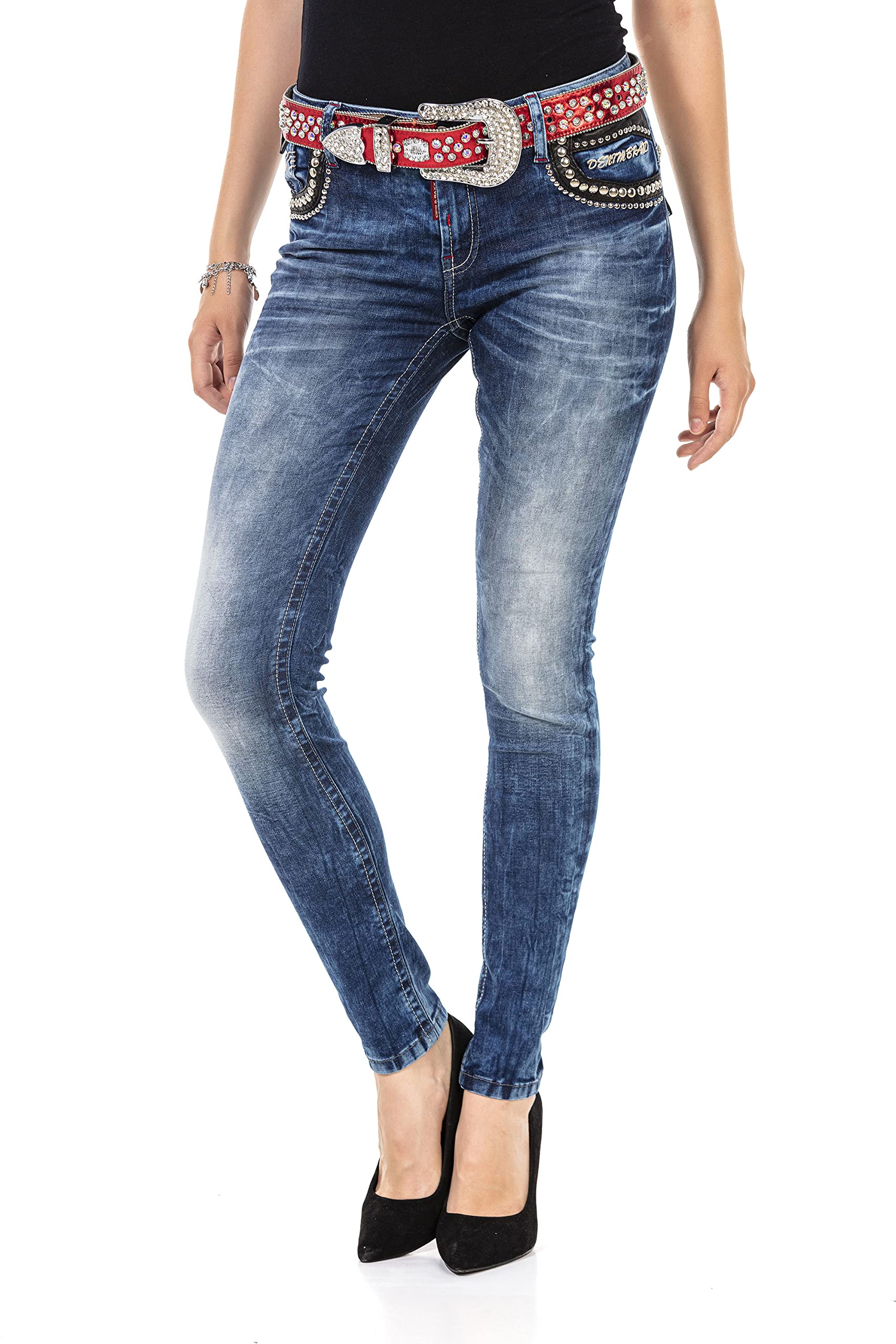 Cipo & Baxx Damen Jeanshose Stickerei Denim Slim Fit Nieten Pants Jeans WD466 Blau W29 L34