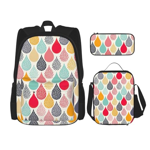 WURTON Schulrucksack-Set mit Wassertropfen-Motiv, 3-in-1-Büchertaschen-Set mit Lunchbox, Federmäppchen, Reise-Laptop-Tagesrucksäcke