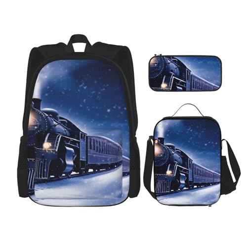 DENMER Mehrzweck-Schultasche mit Holzmaserung und passendem Federmäppchen und Lunchtasche - Ihre stilvolle All-in-One-Lösung, Winter Weihnachten Schnee Nacht Eisenbahn Zug, Einheitsgröße