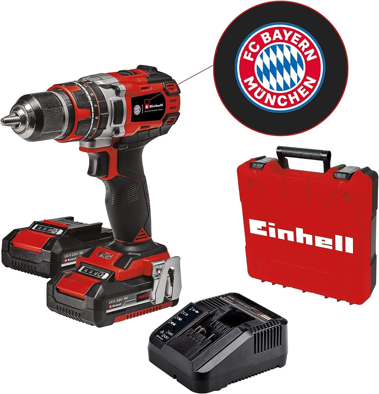 Einhell Akku-Schlagbohrschrauber TP-CD 18/50 Li-i BL FC Bayern Power X-Change (18 V, 50 Nm, Brushless, 2-Gang-Getriebe, inkl. 2x 2,0 Ah Akkus, Ladegerät, Koffer)