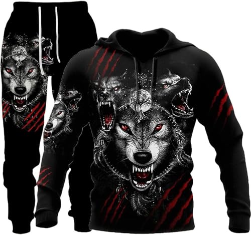 RIAAJ Unisex 3D Wolf Druck Hoodie Herren Jogginganzug Unisex Sweatshirts Hoody + Hose Sets (F6,L)