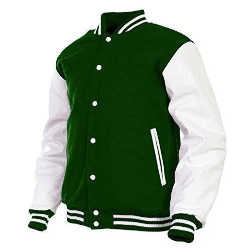 Herren Varsity Jacke Echtes Leder Ärmel und Wollmischung Letterman Jungen College Varsity Jacken XS-5XL, Grün(ar-8), 5XL