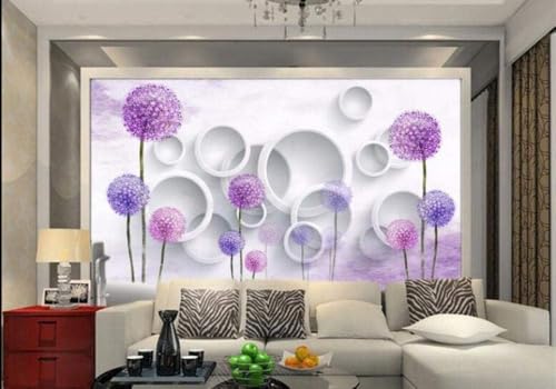 Lila Löwenzahn Geometrischer Weißer Kreis 3D Tapete Poster Restaurant Schlafzimmer Wohnzimmer Sofa TV Dekorative Wand-300cm×210cm