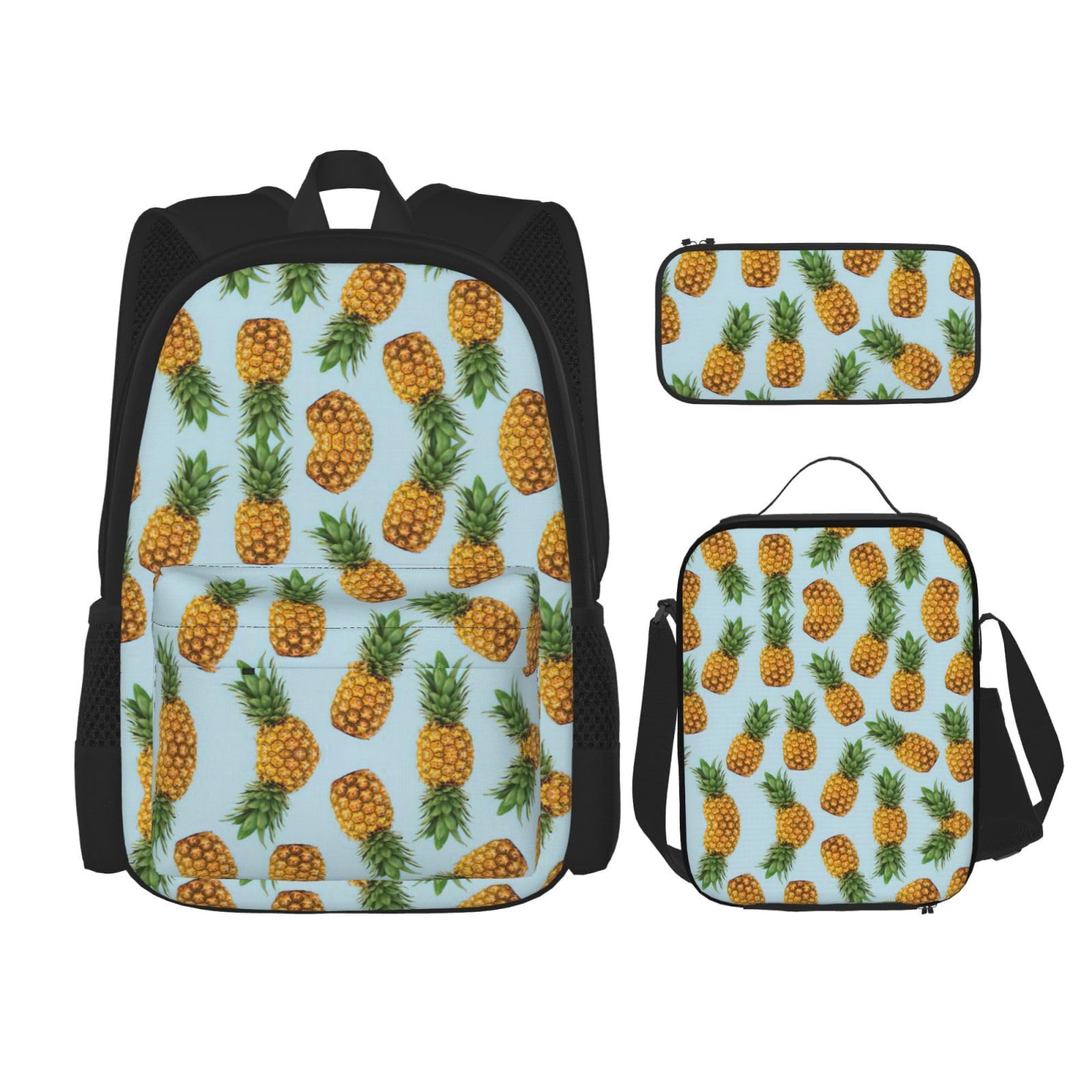 WURTON Pineapple Bedruckter Rucksack Mädchen Jungen Schultaschen Teenager Lunchbox und Federmäppchen 3 in 1 Büchertaschen Set