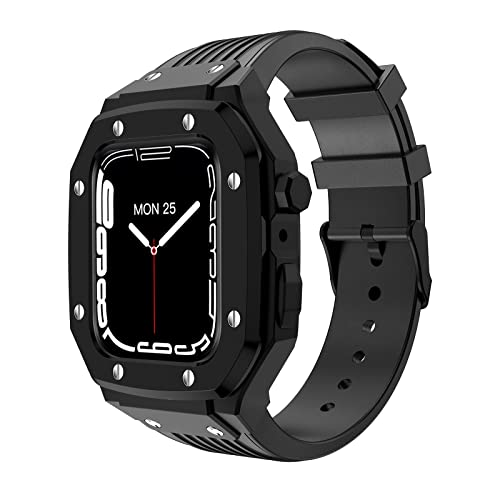 KANUZ Silikon-Uhrenarmband für Apple Watch Serie 8 + Edelstahl-Uhrengehäuse 45 mm, 44 mm, 42 mm, Metallrahmen-Modifikations-Set (Farbe: Preto, Größe: 44 mm)