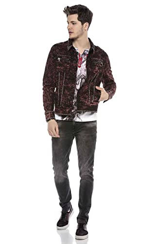 Cipo & Baxx Herren Jeasnjacke Denim Übergansjacke Freizeitjacke mit Allover-Muster und Ziernähten Weinrot M