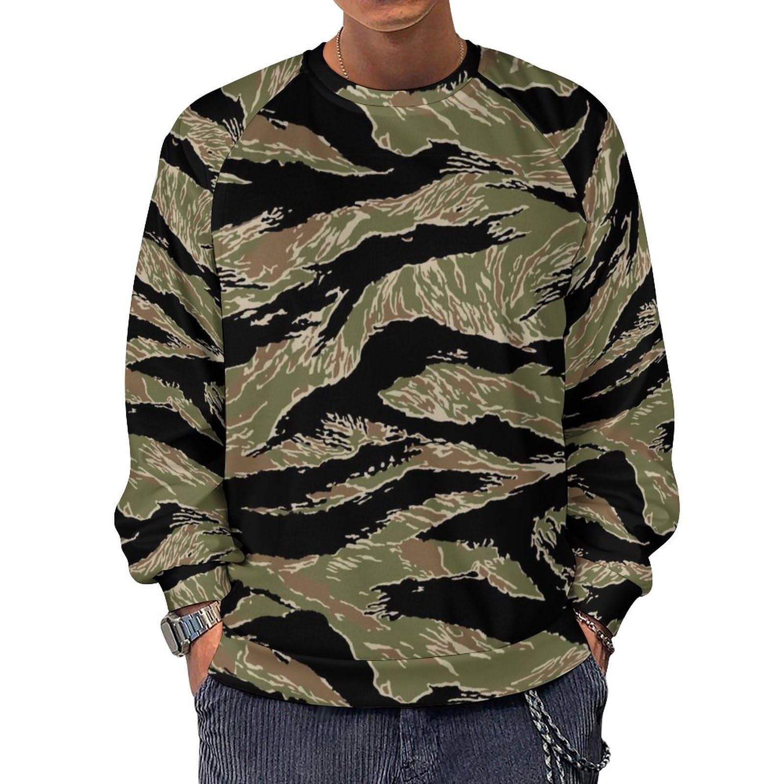 HABXNJF Langarm-Sweatshirt mit Rundhalsausschnitt, Tigerstreifen-Camouflage, leichte lässige Pullover für Männer, Tiger Stripe Camo, L