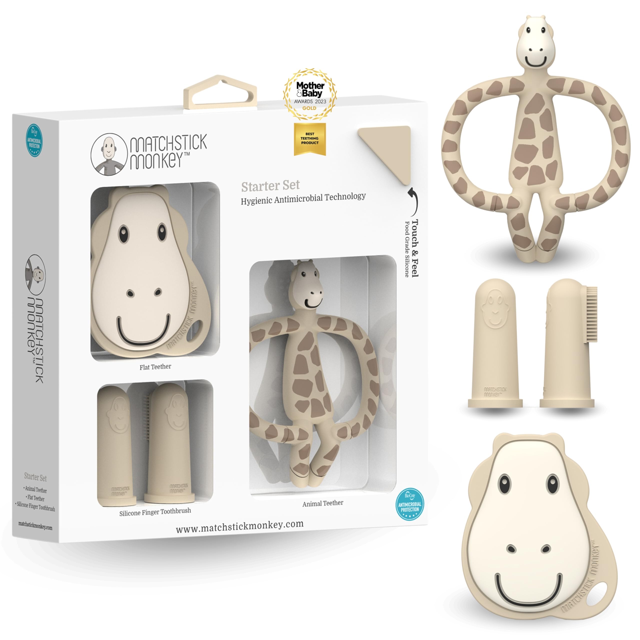 Matchstick Monkey Beißring/Zahnungshilfe/Beißspielzeug für wundes Zahnfleisch Starter Set / 3 Teilig Beißring Tiermotiv, Beißring Gesicht, Fingerzahnbürsten/Gigi Giraffe