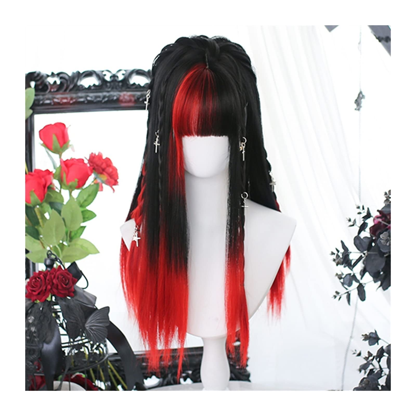 Perücke für Frauen Rot-schwarze Farbverlaufshaarperücke mit Pony, lange gerade Cosplay-Haarperücke, natürliche hitzebeständige synthetische Perücke, Party, Halloween Human Hair Wig