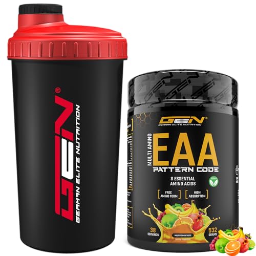 EAA Pulver + Shaker - Human Code Formel - Alle 8 essentielle Aminosäuren - Amino Workout Drink - Leckerer Geschmack & Top Löslichkeit - Vegan - (532g, Multivitamin)