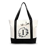 TOPDesign Embroidery Initial Canvas Tote Bag, Personalized Present Bag, Suitable for Wedding, Birthday, Beach, Holiday, is a Great Gift for Women, Mom, Teachers, Friends, Bridesmaids (Letter I)