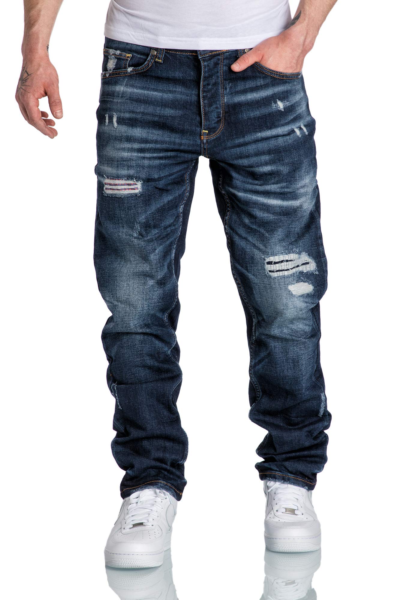 Amaci&Sons Herren Jeans Regular Straight Fit Denim Hose Destroyed 7984 Dunkelblau (Patches) W33/L34