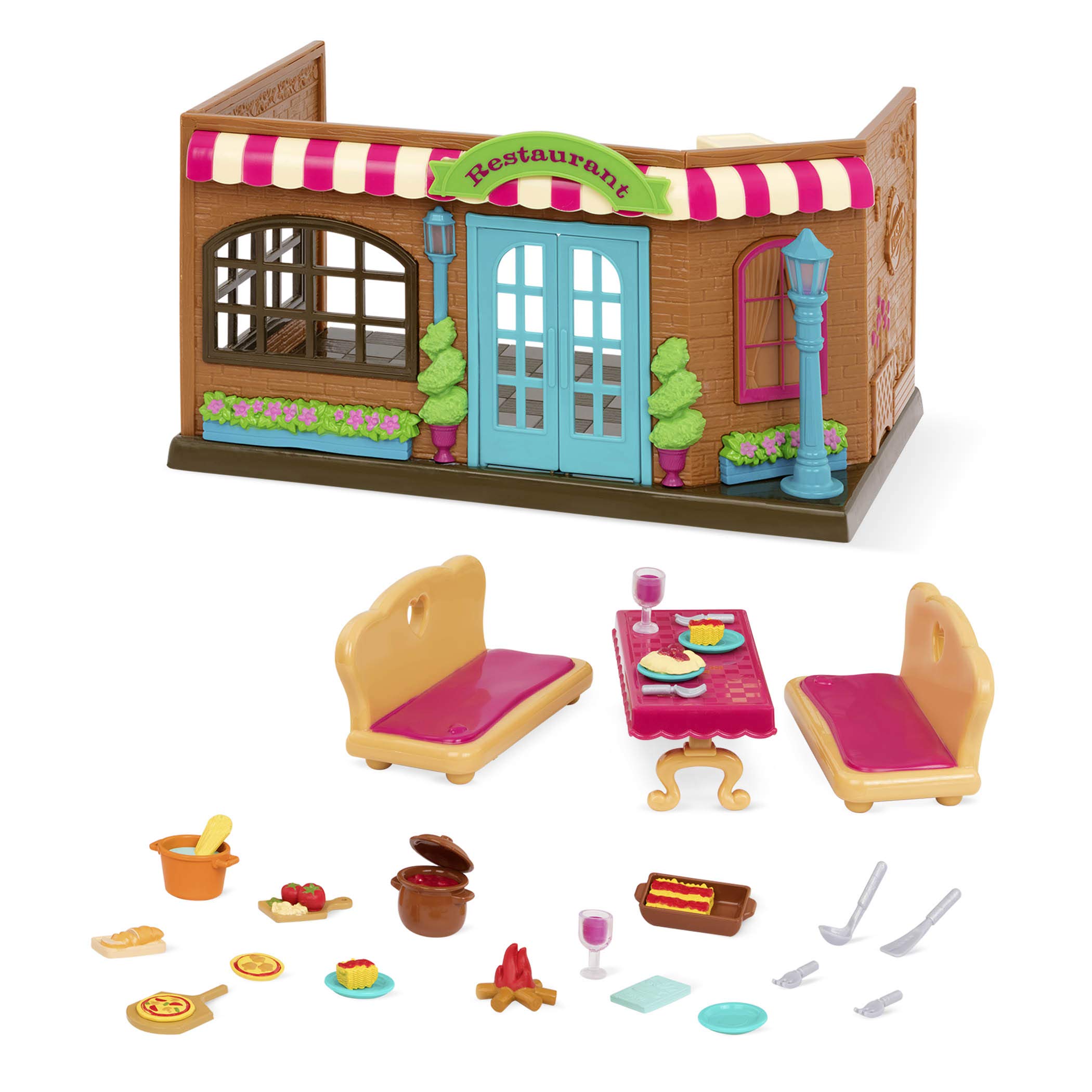 Li’l Woodzeez 31-teiliges Italienisches Restaurant Set mit Zubehör – Möbel, Essen, Dekoration, Geschirr und mehr – Spielzeug für Kinder ab 3 Jahren