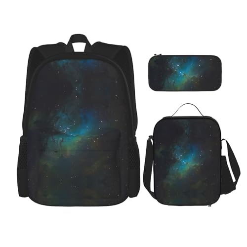 WURTON Galaxy Green Print 3-in-1 Büchertaschen-Sets, verstellbarer Schulter-Rucksack, Lunch-Tasche, Federmäppchen, Tasche, Schwarz, Einheitsgröße, Schwarz , Einheitsgröße