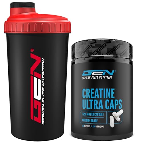 Creatine Ultra Caps + Premium Shaker - 420 Kapseln mit je 1250 mg reinem Creatin Monohydrat - Premium: Ultrafein + Mesh-Faktor von 200 - Hochdosiert - Laborgeprüft