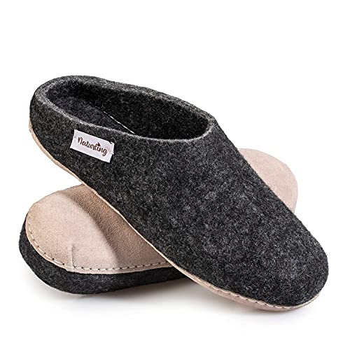 Filz Hausschuhe - Damen Hüttenschuhe mit Ledersohle - Slipper 100% Wolle handgemacht (Anthrazit, 38 EU, numeric_38)