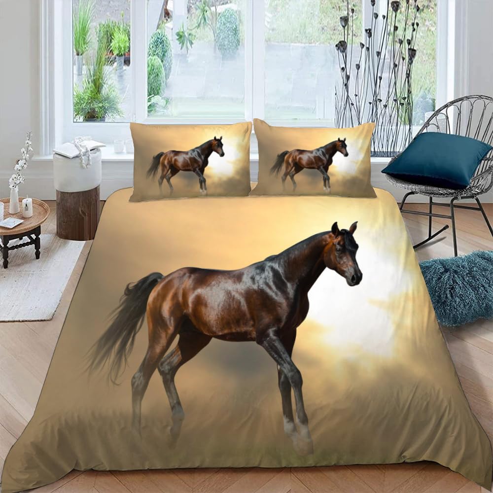 RLYXGS Pferd Kinderbettwäsche 135x200 3teilig für Jungen Mädchen Tiere Sonnenuntergang 3D Druck Bettbezug mit Reißverschluss Winter Warm Mikrofaser Bettwäsche Set mit 2 Kissenbezüge 80x80cm