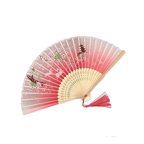 VSULZVNU Chinesischer japanischer Vintage-Bambus-Seidenfächer, Bastelfächer, antiker Stil, Faltfächer mit Quaste, Rosa, für Damen, Tanz, dekorativ (Farbe: Rosa, Grün, Farbverlauf) (Rosa)