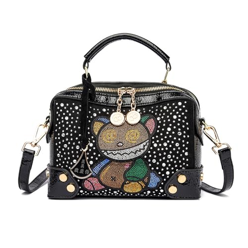 ohodhmnu Damen Tote Bag Leder Geldbörsen Kleine Handtaschen Cartoon Schultertaschen Einfache Crossbody Handtasche für Mutter Mädchen, Diamond Bear Black, black strap