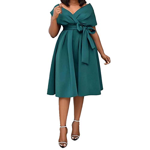 Damenkleid Frauen elegant einwickelter Schulter abends Party formales Kleid Midi Swing Dress Elegantes Damenkleid (Color : Groen, Size : XXX-Large Size)