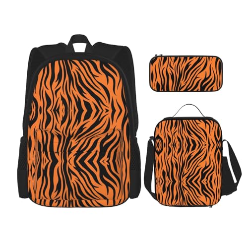 WURTON Tiger Stripes Orange Pattern Print Travel Lunch Box Pencil Case Backpack Set 3 Pieces Adjustable Straps Lightweight, Schwarz, Einheitsgröße