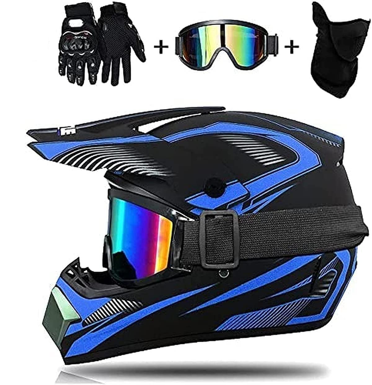 Crosshelm Fullface Set Mit Visier Brille Handschuhe Maske Motorrad,Kinder Erwachsene Downhill BMX MTB Helm Motorradhelm Herren Für Quad ATV Enduro Sport Schwarz ECE Zertifizierung