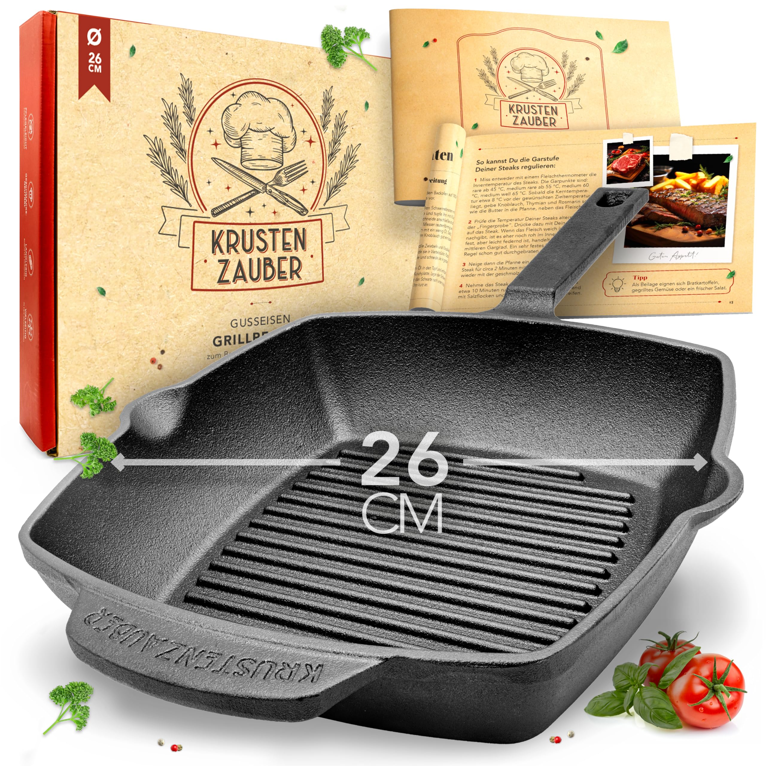 KRUSTENZAUBER 26cm Grillpfanne Induktion Stilgriff - Geriffelte Gusseisenpfanne Induktion - Ideale Gusseisen Pfanne, Eisenpfanne, Cast Iron Pan, Bratpfanne, Gusseiserne Pfanne Skillet Gusspfanne