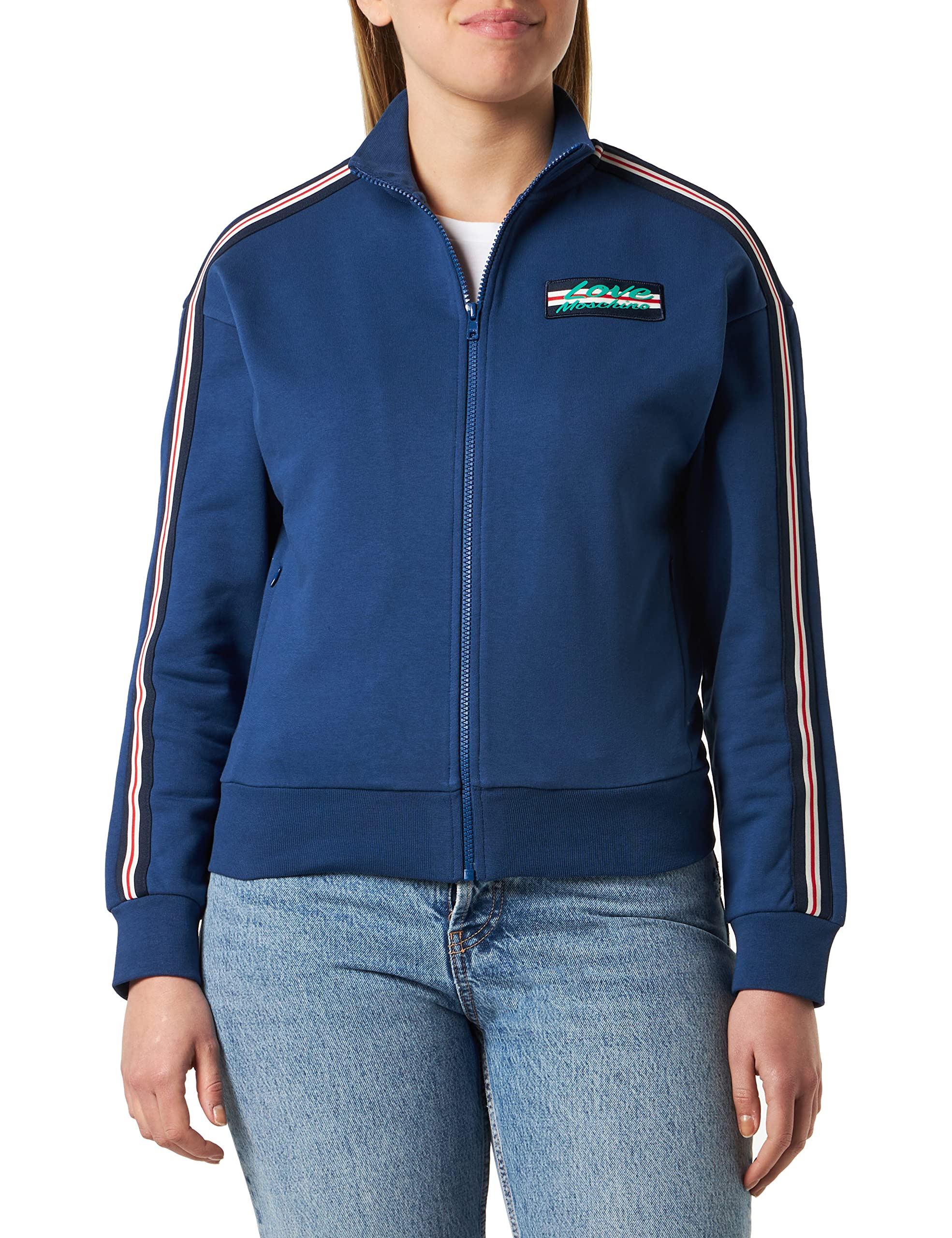 Love Moschino Women's Zippered, Customized with Striped Tape Along Shoulders Sleeves and Logo Patch on Left Chest. Jacket, Blue, 38