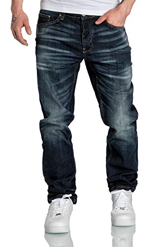 Amaci&Sons Herren Jeans Regular Straight Fit Denim Hose Destroyed 7984 Dunkelblau W40/L30